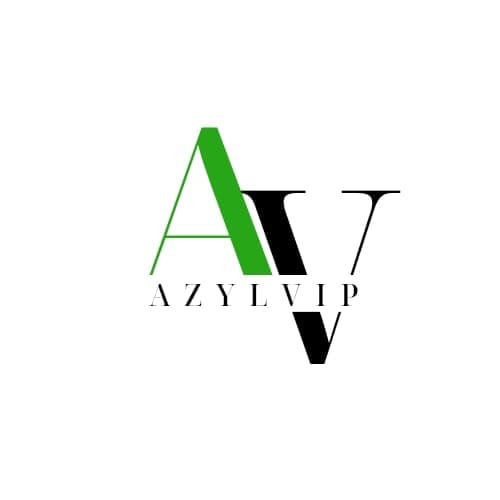 Logo firmy z zieloną literą 'A', czarną literą 'V' i napisem 'AZYLVIP' poniżej, na białym tle.