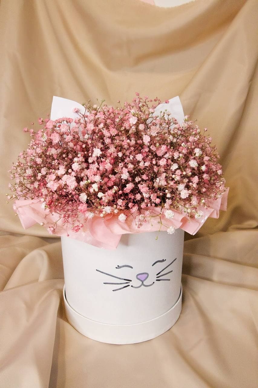 Delikatny bukiet różowych i białych gipsówek w okrągłym, białym pudełku z narysowanymi kocimi uszami i pyszczkiem na tle beżowej tkaniny.