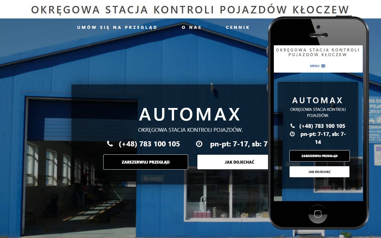 Strona internetowa Okręgowej Stacji Kontroli Pojazdów Automax Kłoczew wyświetlona na smartfonie na tle budynku stacji diagnostycznej.