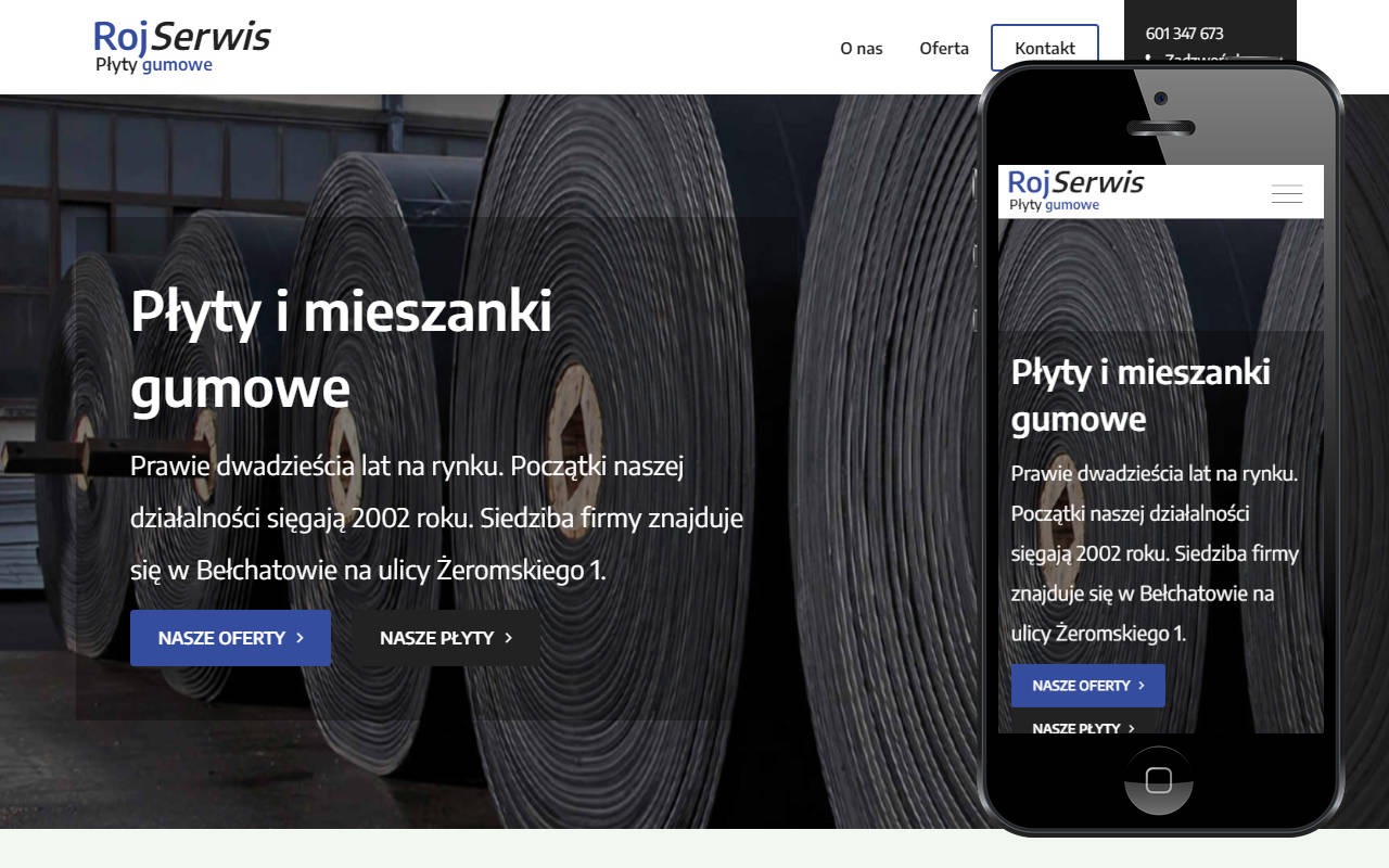 Strona internetowa firmy Roj Serwis Płyty Gumowe wyświetlana na monitorze i smartfonie, prezentująca ofertę płyt i mieszanek gumowych.