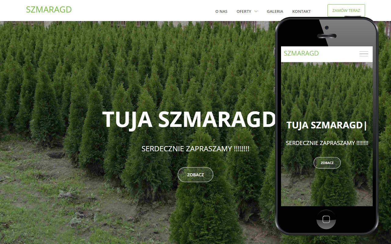 Strona internetowa szkółki drzewek iglastych 'Tuja Szmaragd' wyświetlona na ekranie smartfona na tle pola z tujami.