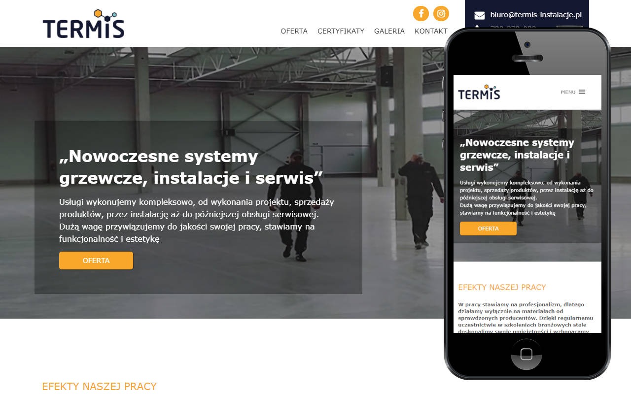 Strona internetowa firmy Termis na ekranie komputera i smartfona, prezentująca ofertę nowoczesnych systemów grzewczych, instalacji i serwisu w hali przemysłowej z dwoma osobami w tle.