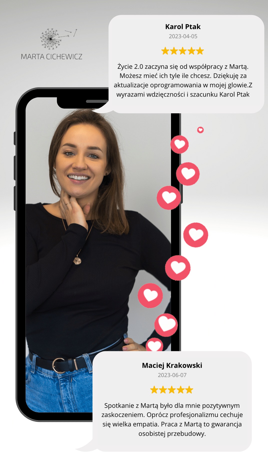 Portret uśmiechniętej kobiety wyświetlany na ekranie smartfona, z widocznymi opiniami klientów i symbolami serc.