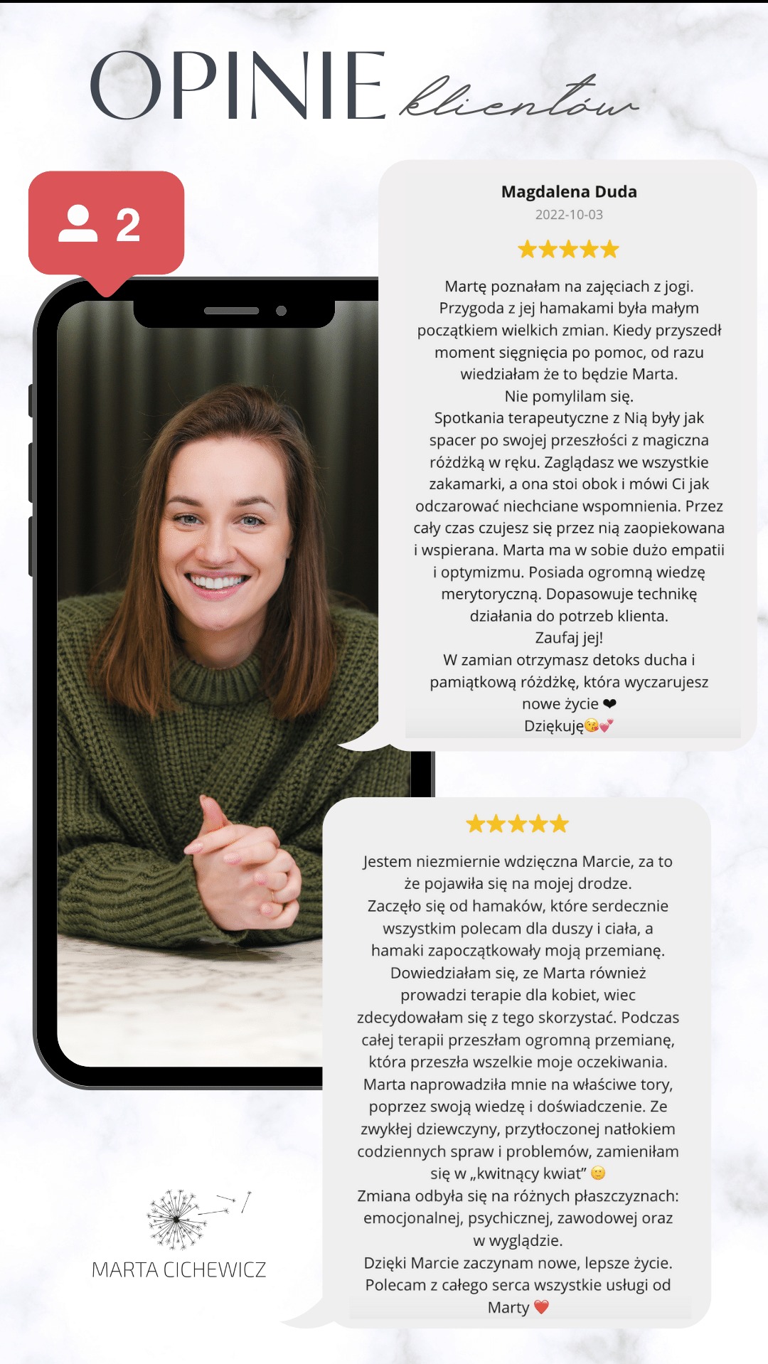 Zrzut ekranu z telefonu prezentujący pozytywne opinie klientów o hipnoterapeutce Marcie, z uśmiechniętą twarzą Marty w okienku telefonu, nad tekstem nagłówek 'Opinie klientów' oraz imiona...