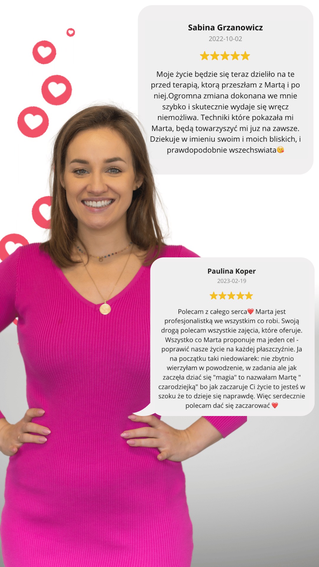 Zrzut ekranu dwóch pozytywnych opinii klientek o kobiecie, prawdopodobnie specjalistce, z zaznaczeniem dat i ocen na pięć gwiazdek, z dekoracyjnymi sercami w tle.