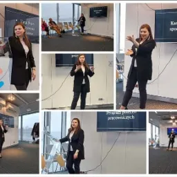 Prezentacja HR: Kobieta w czarnym garniturze prowadzi szkolenie z HR. Na ekranie hasła: 'Kandydaci spod lady...', 'Program poleceń pracowniczych', 'Targi Pracy'.