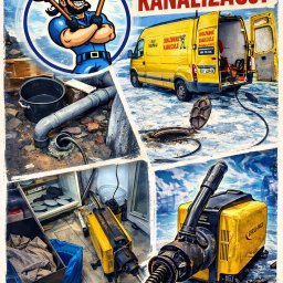 KAN-ŁUK USŁUGI KANALIZACYJNE - Kompozycja z żółtym wozem kanalizacyjnym, otwartym włazem, sprzętem do czyszczenia rur i uśmiechniętym hydraulikiem z przepychaczami. Usługi hydrauliczne.