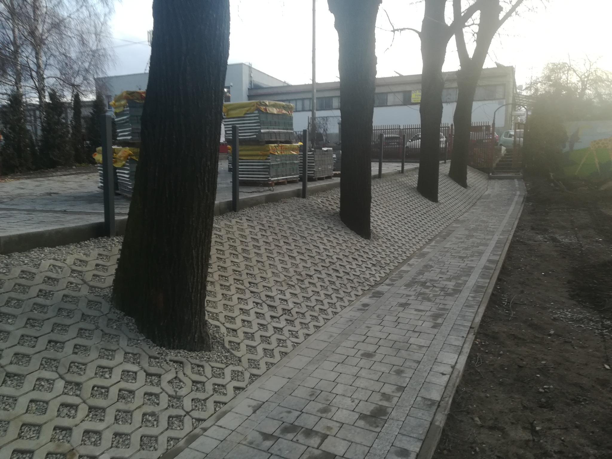 Ułożony chodnik z kostki brukowej i ażurowej kostki wokół drzew, palety z kostką w tle, widok z perspektywy ulicy.