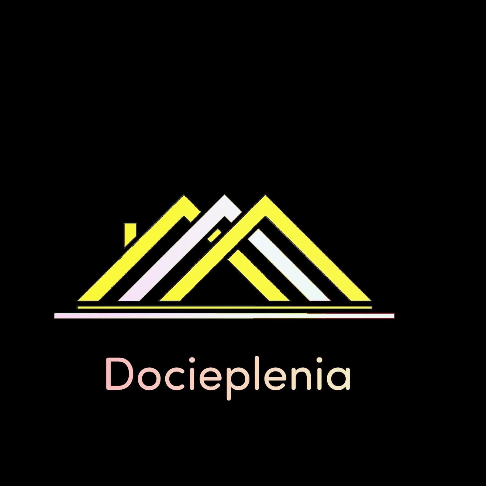 Graficzne logo firmy z motywem dachu w kolorach żółtym i białym oraz różowym napisem 'Docieplenia' na czarnym tle.