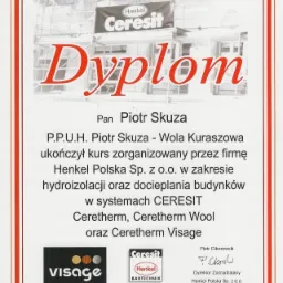 Skan dyplomu ukończenia kursu hydroizolacji i docieplania budynków zorganizowanego przez Henkel Polska Sp. z o.o. dla Pana Piotra Skuzy, w systemach Ceresit, Ceretherm Wool i Ceretherm Visage.