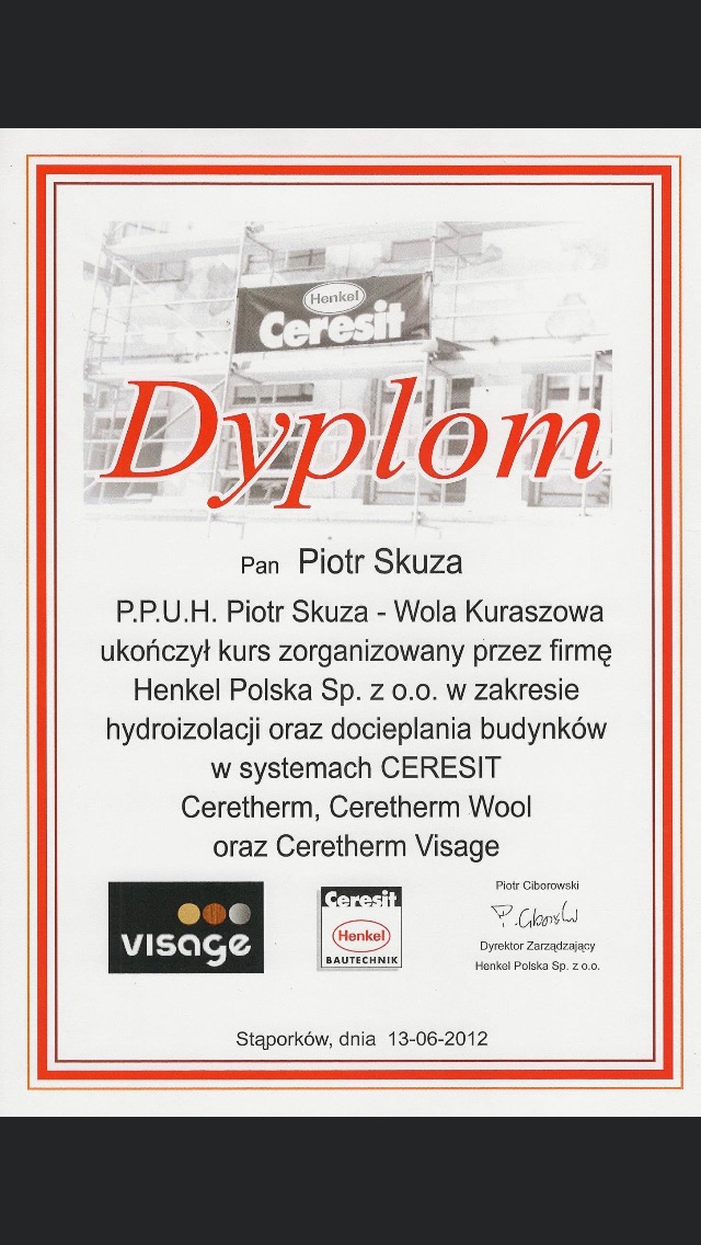 Skan dyplomu ukończenia kursu hydroizolacji i docieplania budynków zorganizowanego przez Henkel Polska Sp. z o.o. dla Pana Piotra Skuzy, w systemach Ceresit, Ceretherm Wool i Ceretherm Visage.