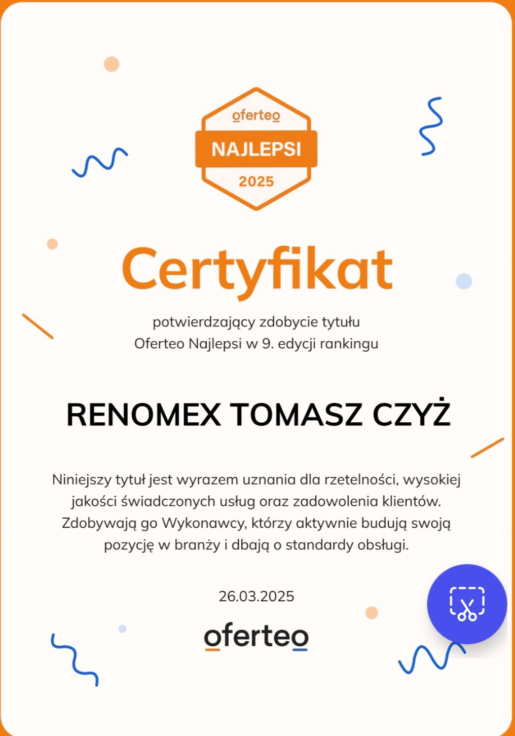 Certyfikat Oferteo Najlepsi 2025 dla RENOMEX TOMASZ CZYŻ, potwierdzający wysoką jakość usług i zadowolenie klientów. Pomarańczowo-biała grafika z datą 26.03.2025.