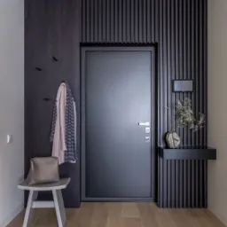 Drzwi wejściowe i ścianka lamelowa.