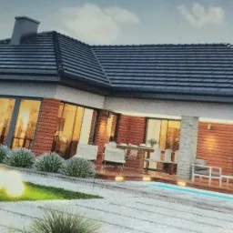 Projekt domu jednorodzinnego z ciemną dachówką, dużymi oknami i tarasem z basenem.