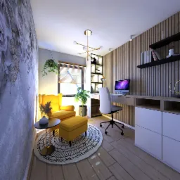 Wizualizacja domowego biura z żółtym fotelem i podnóżkiem, biurkiem z komputerem, drewnianą ścianą i designerską lampą wiszącą.