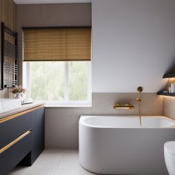 Dizaro Studio Projektowania Wnętrz - Nowoczesna łazienka z drewnianymi panelami, owalnym lustrem z podświetleniem LED, czarną szafką z złotymi akcentami i białą wanną. Minimalistyczny design.