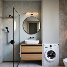 Dizaro Studio Projektowania Wnętrz - Nowoczesna łazienka z kabiną prysznicową typu walk-in, umywalką nablatową, pralką w zabudowie i szarą kolorystyką ścian. Minimalistyczny design z akcentami drewna.