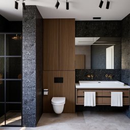 Dizaro Studio Projektowania Wnętrz - Nowoczesna łazienka z kabiną prysznicową typu walk-in, umywalką nablatową i drewnianymi szafkami. Ściany wykończone ciemnym kamieniem, oświetlenie punktowe.