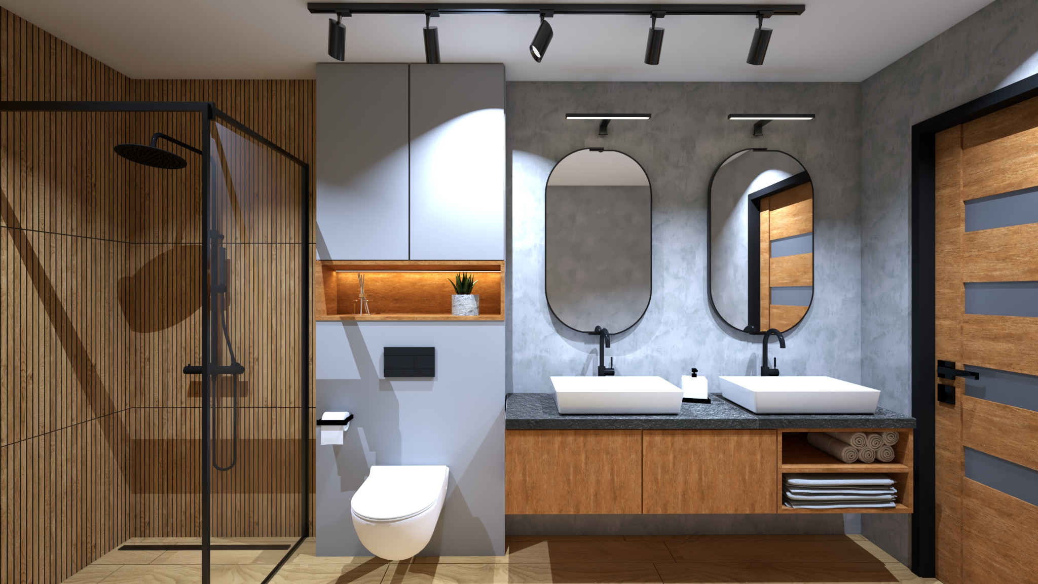 Nowoczesna łazienka z kabiną prysznicową typu walk-in, drewnianymi panelami ściennymi, szarą ścianą z betonową fakturą, podwójną umywalką nablatową z czarną armaturą i owalnymi lustrami...