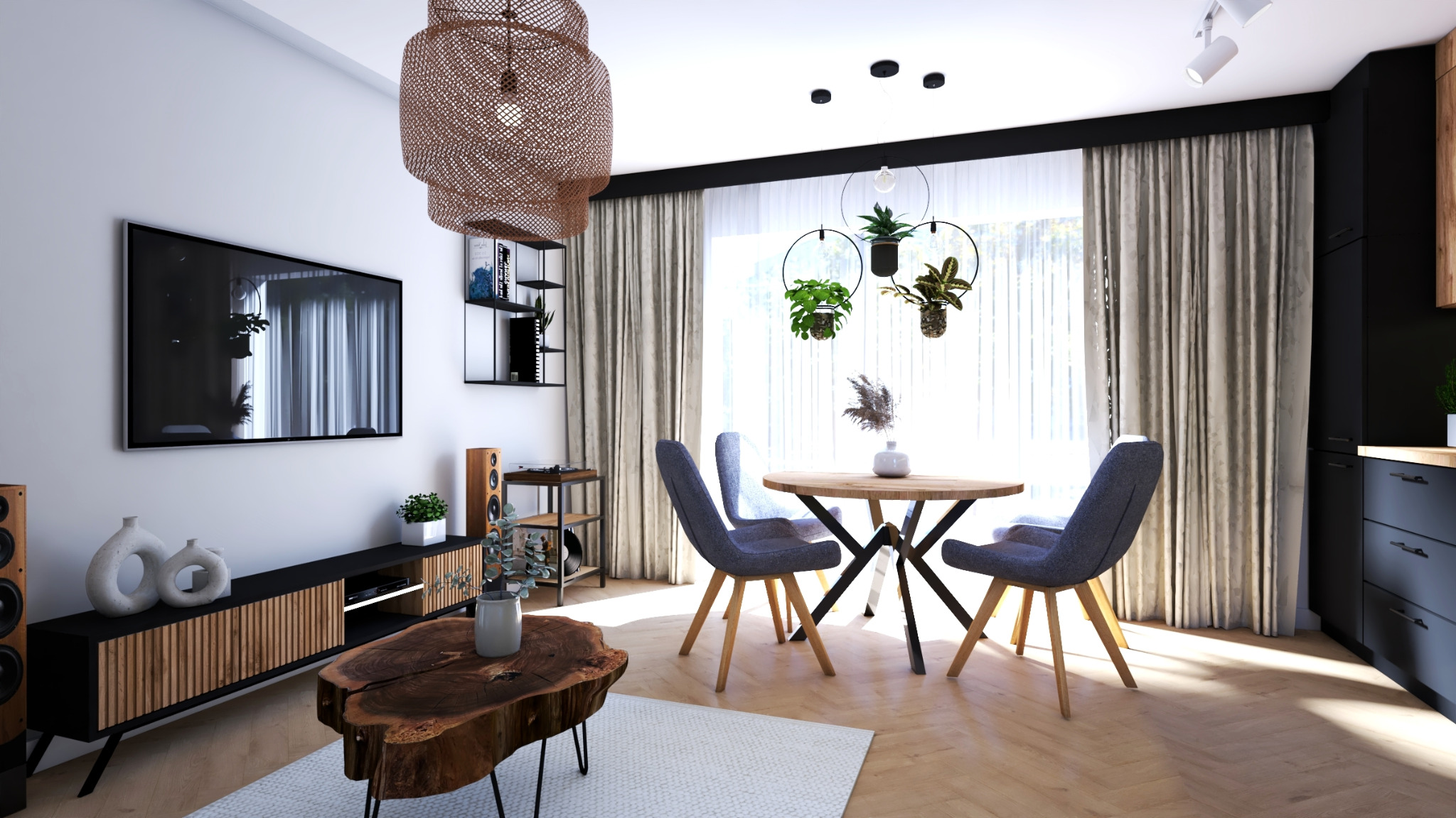 Nowoczesny salon z drewnianym stolikiem kawowym o nieregularnym kształcie, okrągłym stołem jadalnym z trzema krzesłami, telewizorem na ścianie i wiszącymi roślinami w geometrycznych doniczkach.