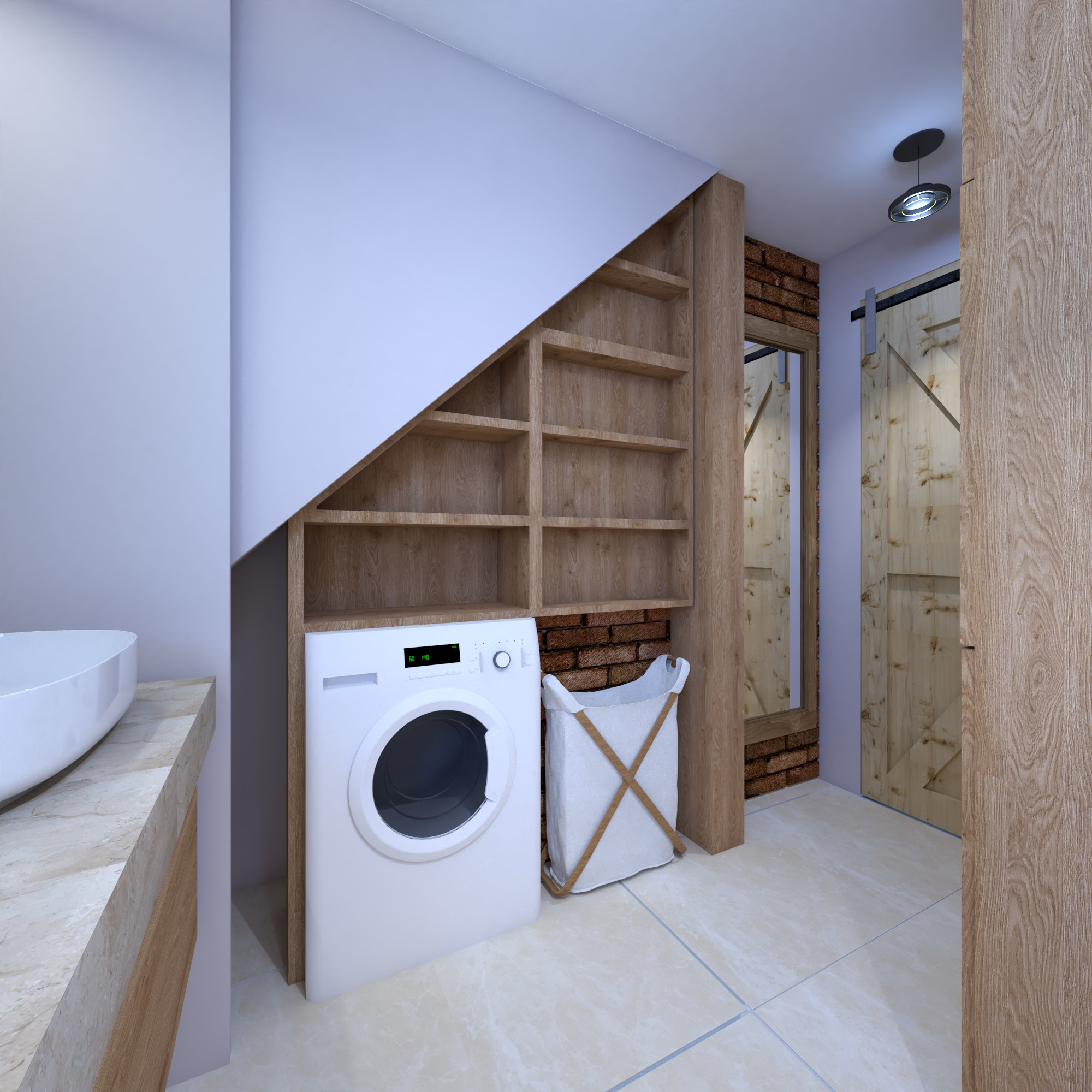 Nowoczesna łazienka z pralką pod skosem, drewnianymi półkami, koszem na pranie i przesuwnymi drzwiami stodołowymi.