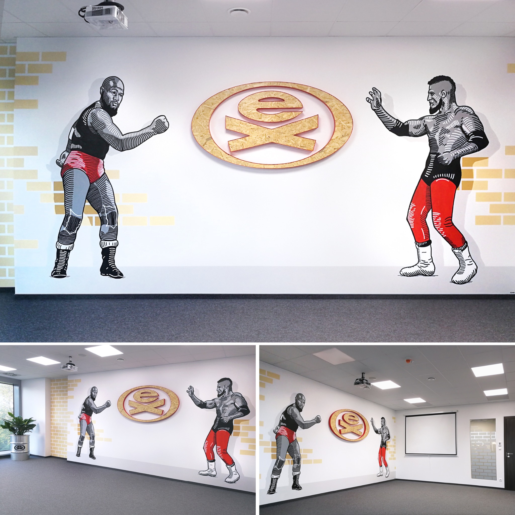Grafika ścienna w biurze przedstawiająca dwóch bokserów w stylu komiksowym oraz logo firmy wykonane z drewna.