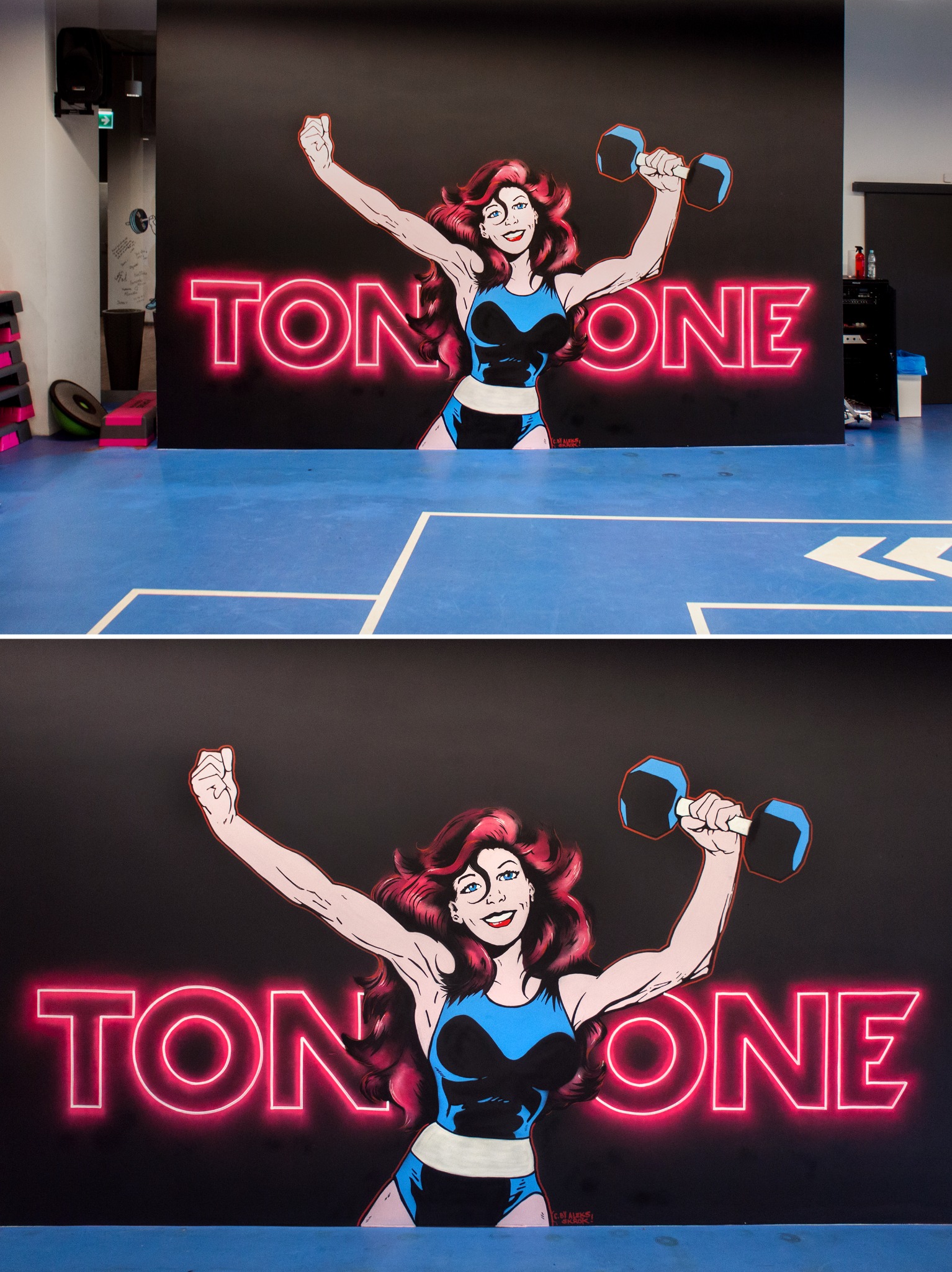 Komiksowa grafika na ścianie siłowni: kobieta z hantlą i neonowy napis 'TON ONE'.