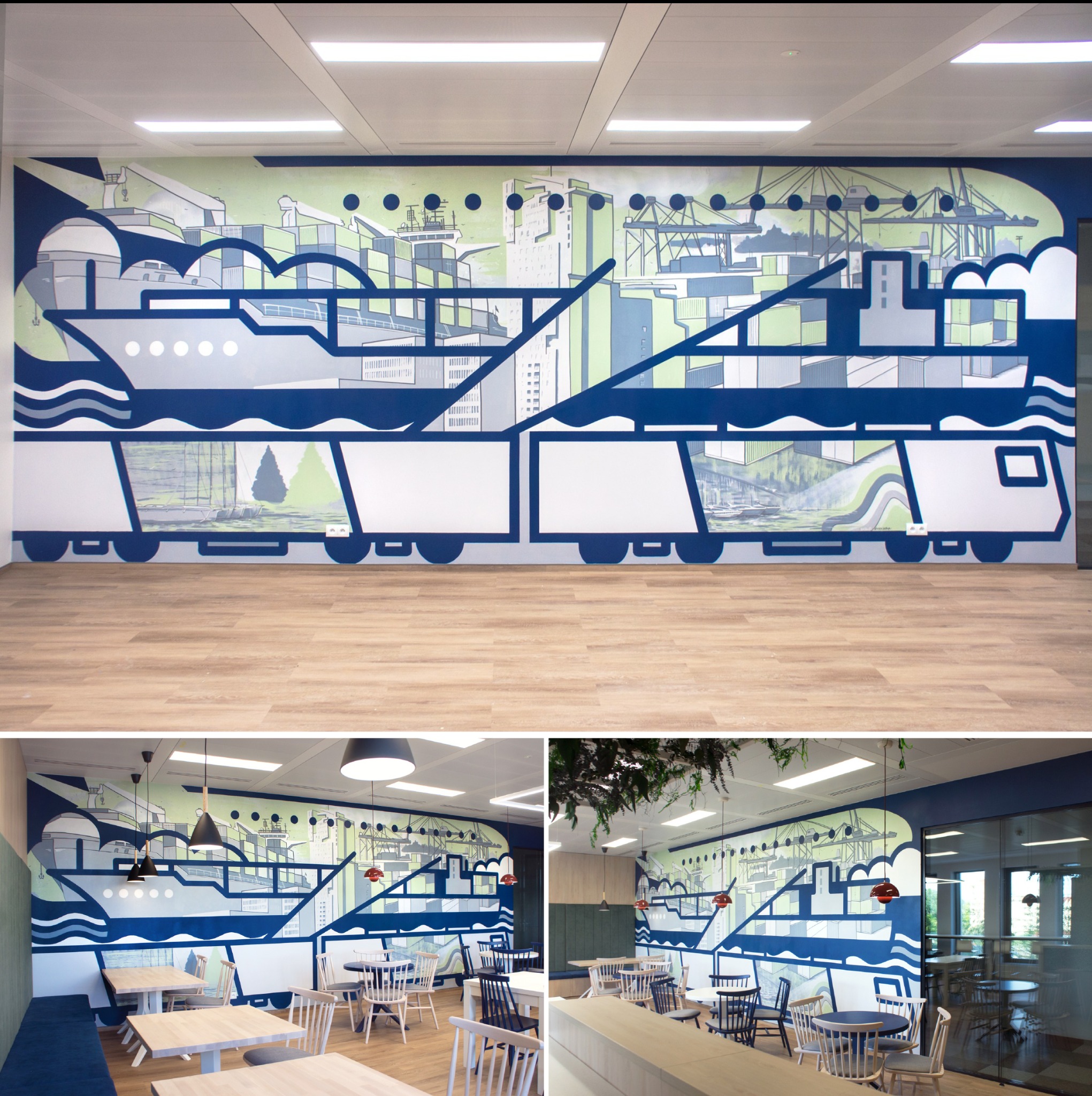 Duży mural w biurze przedstawia stylizowany port z kontenerowcem i dźwigami, utrzymany w odcieniach błękitu, szarości i zieleni, widoczny w przestrzeni biurowej z drewnianą podłogą i meblami.