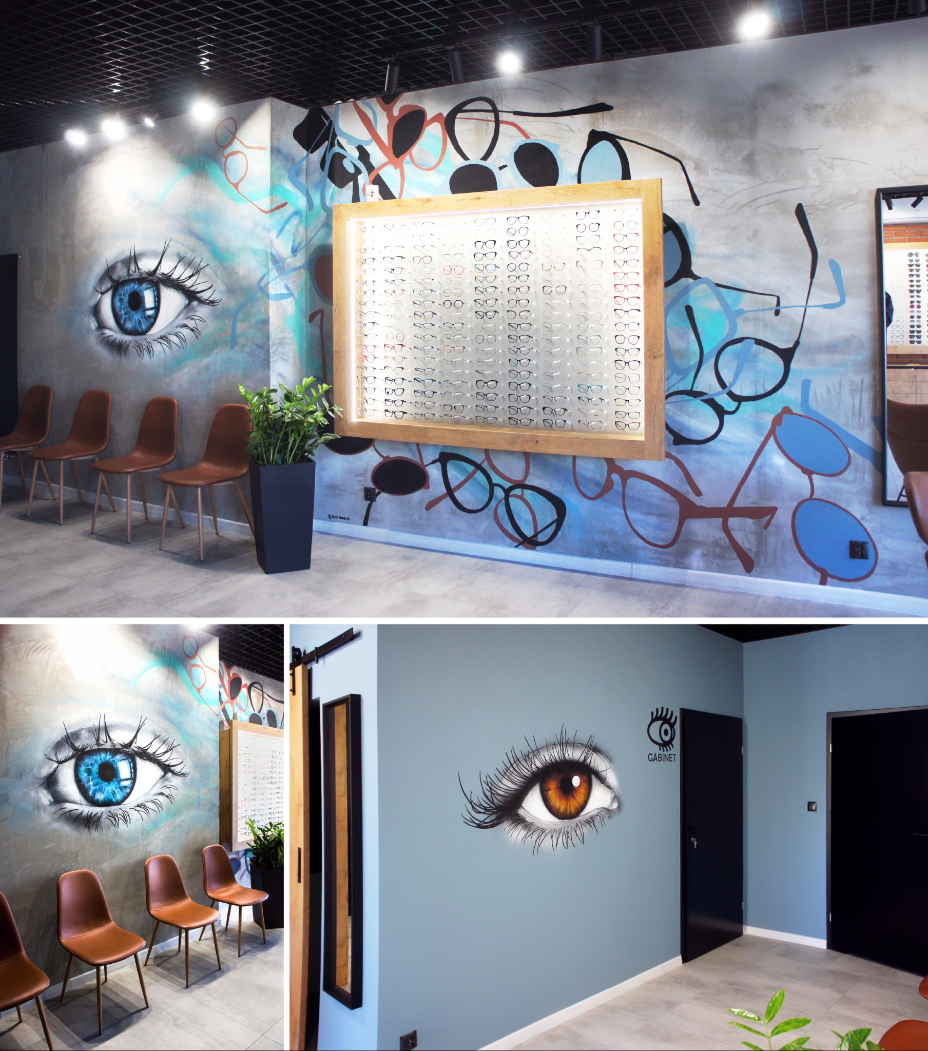 Wnętrze salonu optycznego z muralem oka na ścianie, ekspozytorem okularów w drewnianej ramie i rzędem brązowych krzeseł dla klientów.