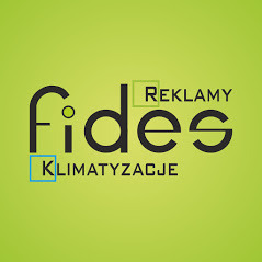 Logo firmy Fides Reklamy Klimatyzacje na zielonym tle. Nazwa firmy zapisana czarną, stylizowaną czcionką, z elementami nazwy 'Reklamy' i 'Klimatyzacje' wpisanymi w zielone kwadraty.