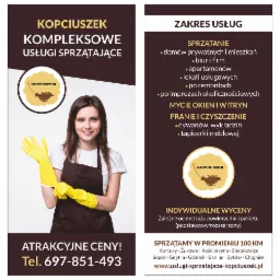 Uśmiechnięta kobieta w brązowym fartuchu, zakładająca żółte gumowe rękawice, na tle grafiki reklamowej firmy oferującej kompleksowe usługi sprzątające, w tym sprzątanie domów, biur, mycie okien...