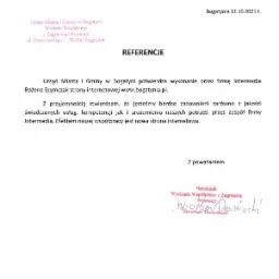 Skan dokumentu referencyjnego od Urzędu Miasta i Gminy w Bogatyni dla firmy Intermedia, potwierdzający wykonanie strony internetowej www.bogatynia.pl, z pieczęcią i podpisem Naczelnika Wydziału...