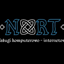 Logo firmy NORT z motywem celtyckim i napisem 'Usługi komputerowo - internetowe' na czarnym tle.