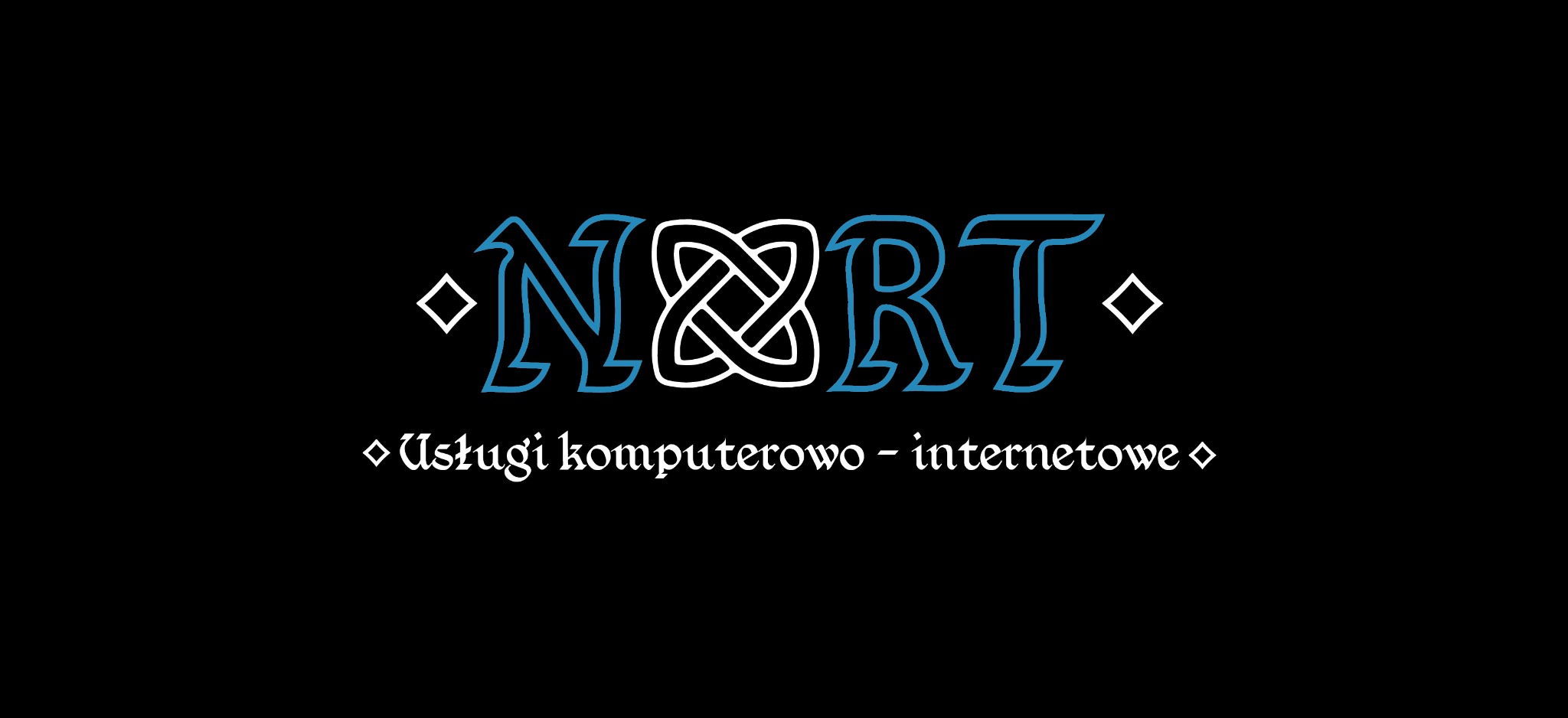 Logo firmy NORT z motywem celtyckim i napisem 'Usługi komputerowo - internetowe' na czarnym tle.