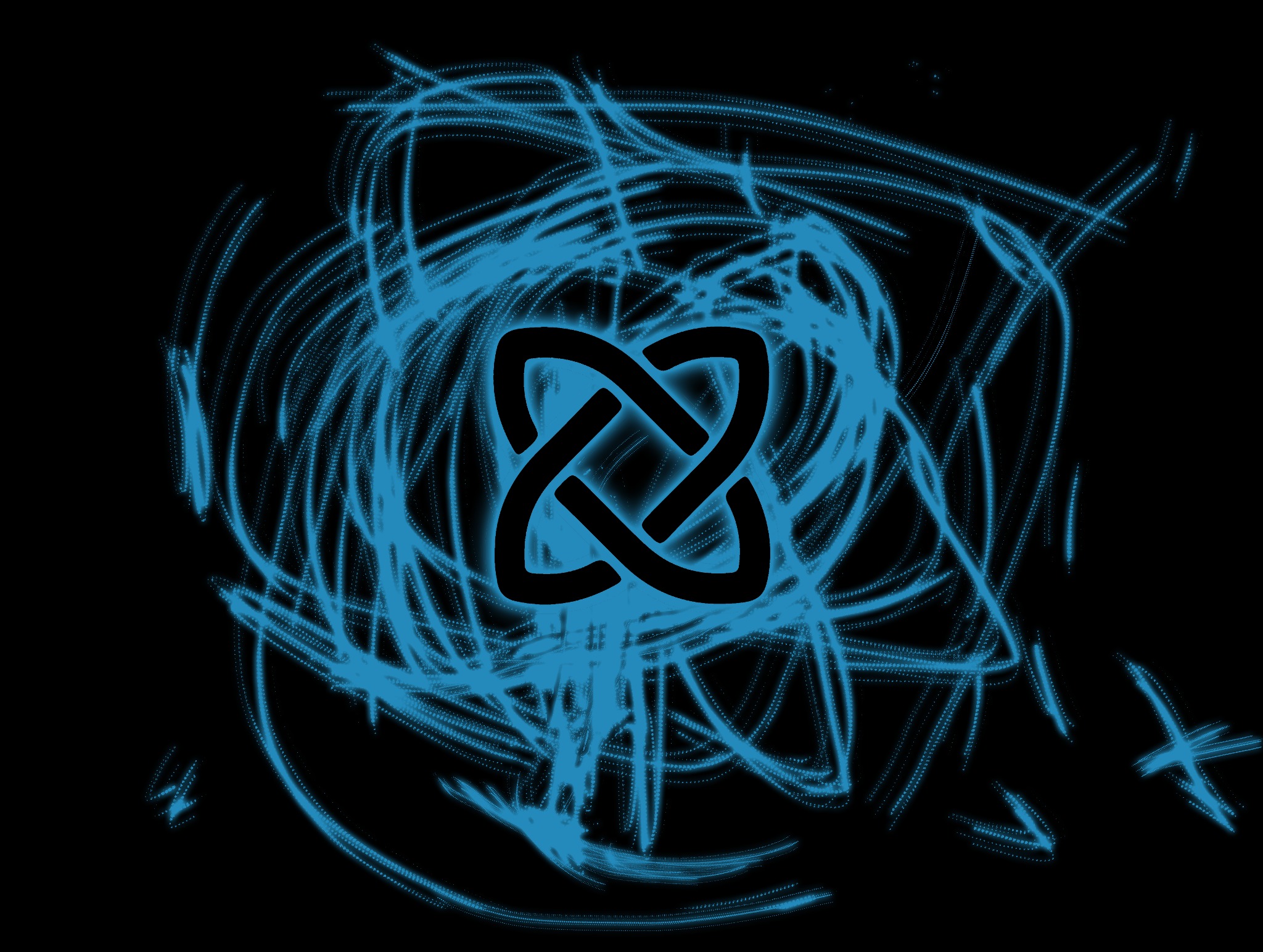 Abstrakcyjne logo w kolorze czarnym na tle dynamicznych, niebieskich linii przypominających energię.