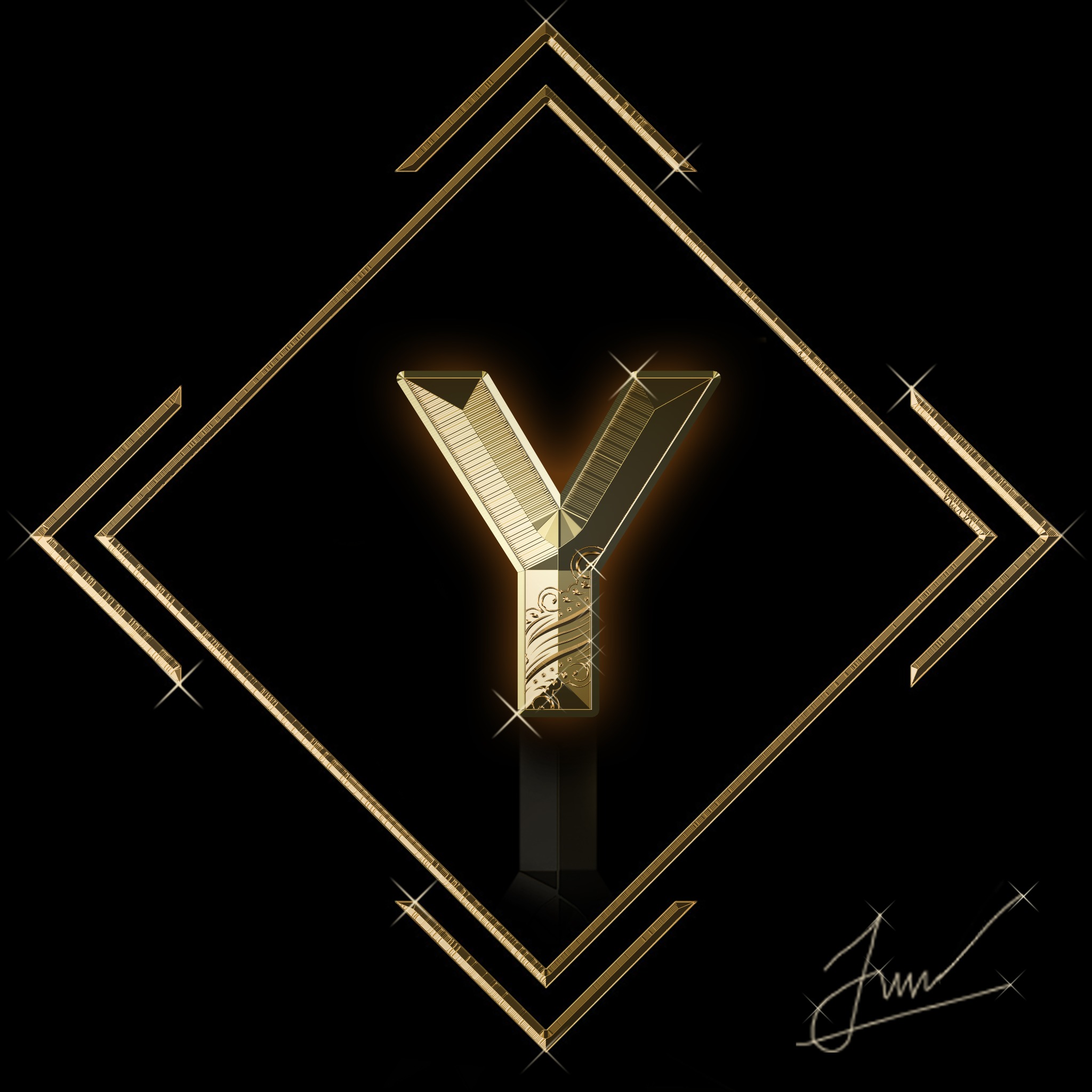 Złota litera Y z ornamentami wewnątrz romboidalnej ramy na czarnym tle, z efektem blasku i refleksów.