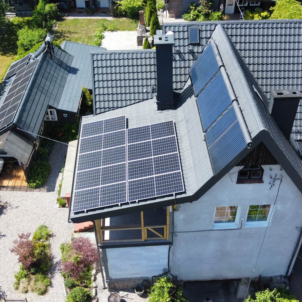 Widok z góry na dom z zainstalowanymi panelami słonecznymi na dachu pokrytym szarą dachówką, dodatkowy budynek również z panelami, otoczenie z roślinnością i żwirowym podłożem.