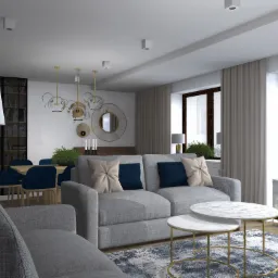 Wizualizacja salonu z szarą sofą, marmurowymi stolikami kawowymi na złotych nóżkach, niebieskim dywanem we wzory, jadalnią z niebieskimi krzesłami w tle, dekoracyjnym oświetleniem i okrągłym...