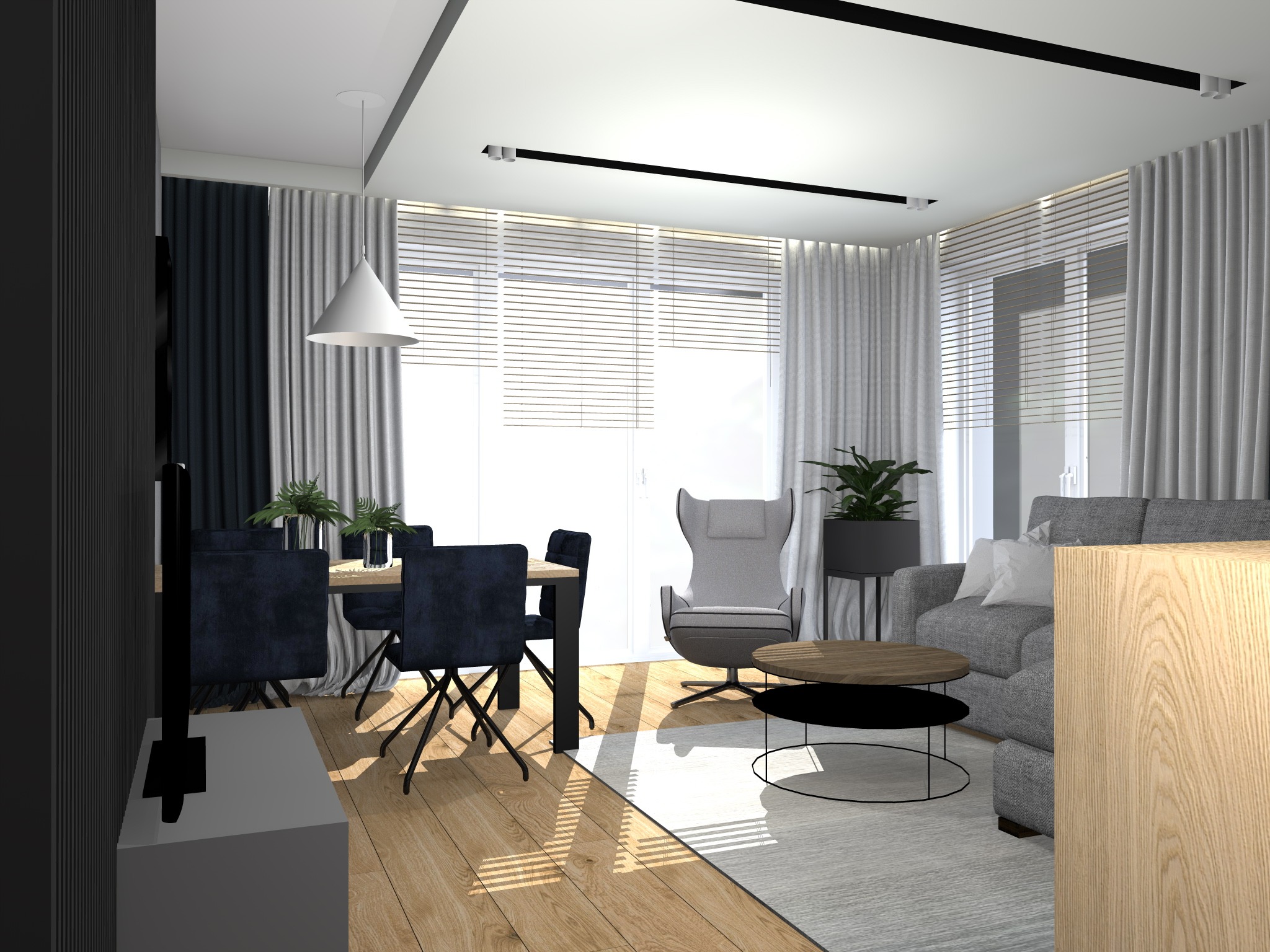 Wizualizacja salonu z jadalnią: drewniana podłoga, szary narożnik, okrągły stolik kawowy, stół z krzesłami w kolorze granatowym, zasłony w odcieniach szarości i biała lampa stożkowa.