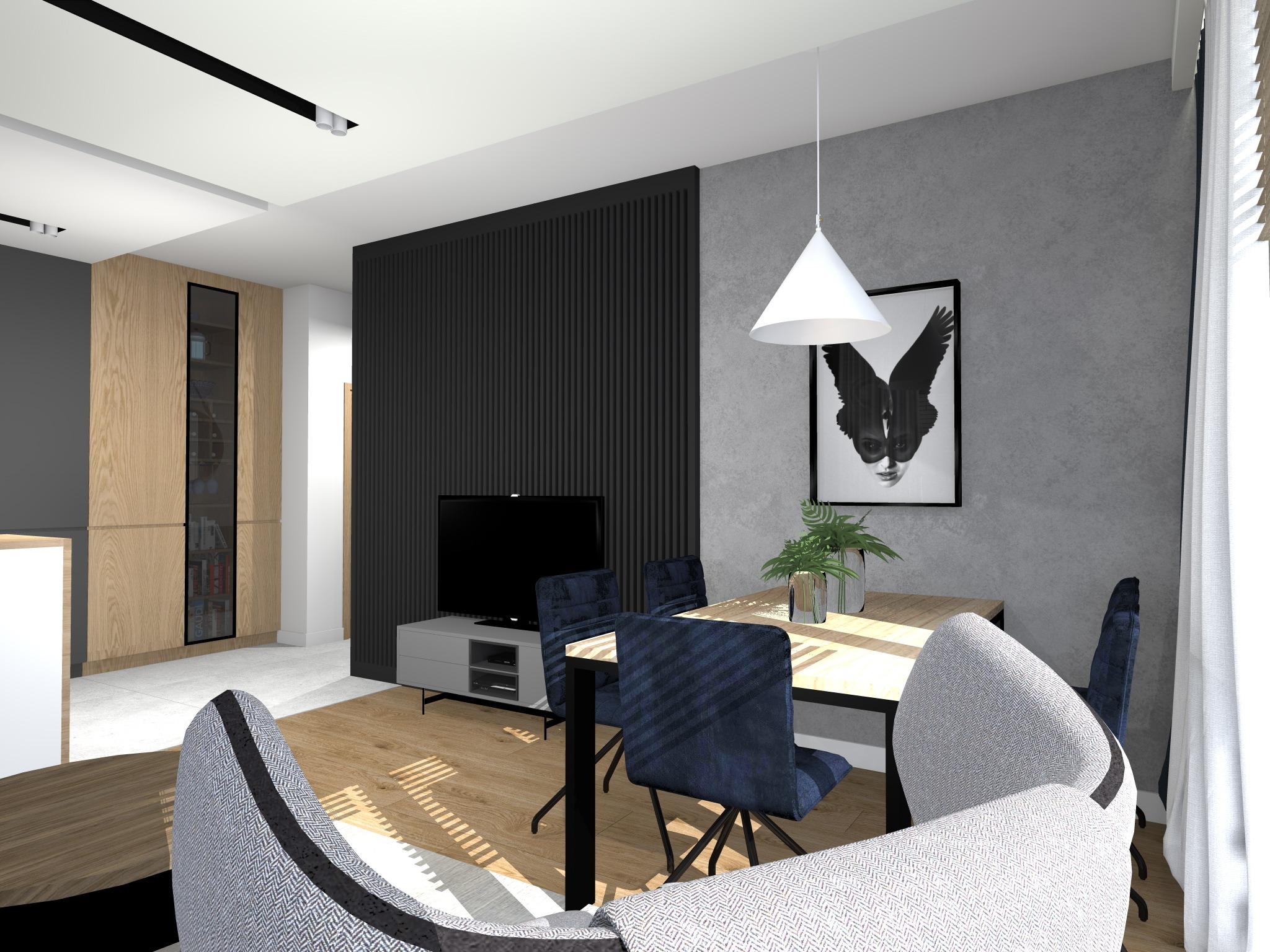 Wizualizacja salonu z jadalnią: stół z czterema krzesłami, szara ściana z czarną grafiką, czarny panel za telewizorem, drewniana podłoga.