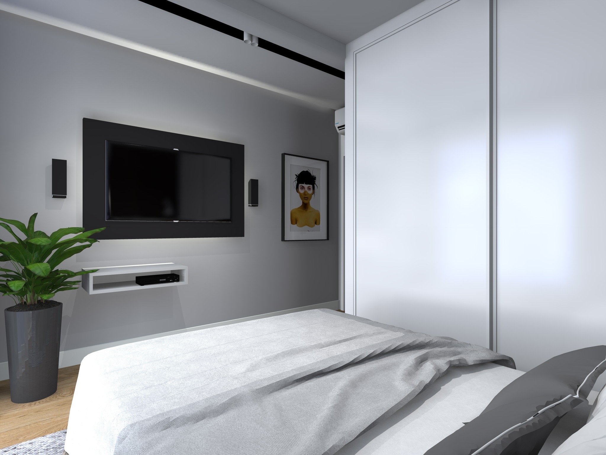 Nowoczesna sypialnia z szarą pościelą, telewizorem w czarnej ramie i rośliną w donicy, oświetlenie szynowe na suficie.