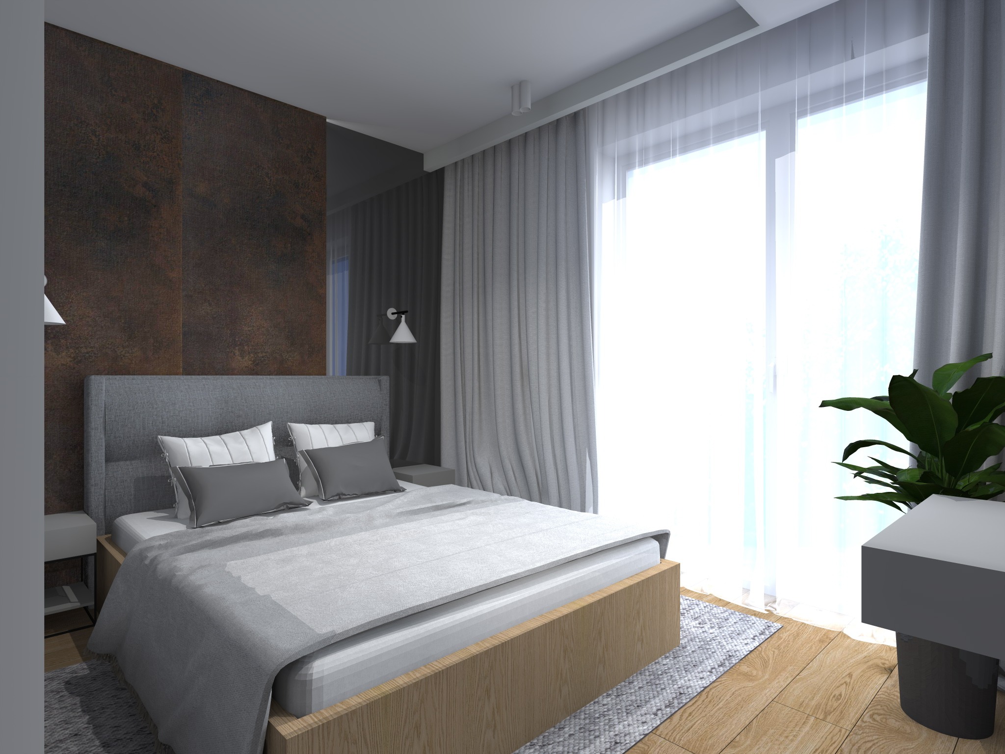 Wizualizacja sypialni z łóżkiem o drewnianej ramie, szarym zagłówkiem i pościelą w odcieniach szarości i bieli, na ścianie imitacja rdzy, obok okna z jasnymi zasłonami i rośliną doniczkową.