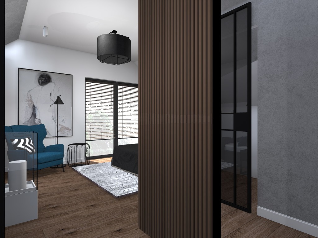 Nowoczesna sypialnia z drewnianą ścianką działową, turkusowym fotelem uszakiem, czarną lampą wiszącą i abstrakcyjnym obrazem na ścianie.