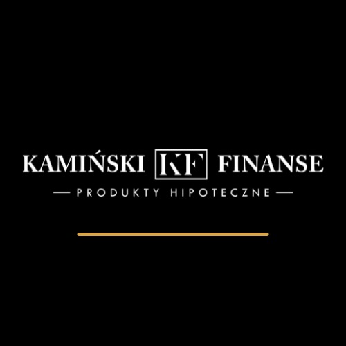 Logo firmy Kamiński KF Finanse z hasłem 'Produkty Hipoteczne' na czarnym tle, poniżej złota linia.