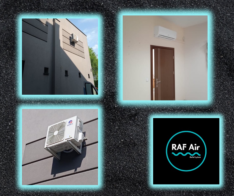 Kolaż zdjęć: jednostka zewnętrzna klimatyzacji na elewacji budynku, jednostka wewnętrzna nad drzwiami w pomieszczeniu, zbliżenie jednostki zewnętrznej klimatyzacji, logo firmy RAF Air.