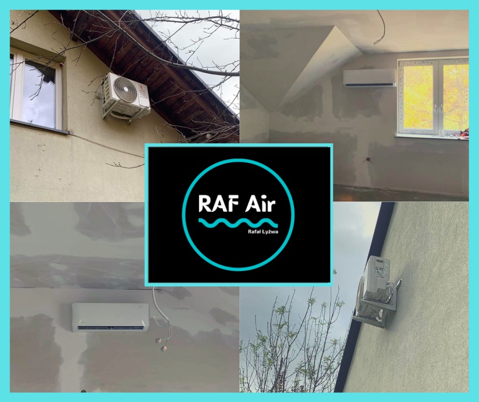 Kolaż zdjęć przedstawiających montaż klimatyzacji: jednostka zewnętrzna na elewacji domu, jednostka wewnętrzna na ścianie w trakcie remontu oraz logo firmy RAF Air.