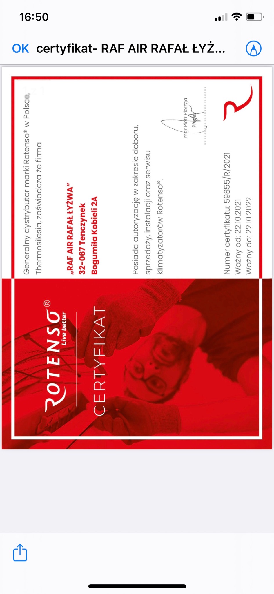 Skan certyfikatu firmy RAF AIR RAFAŁ ŁYŻWA, autoryzowanego dystrybutora i serwisu klimatyzatorów Rotenso, ważnego do 22.10.2022.