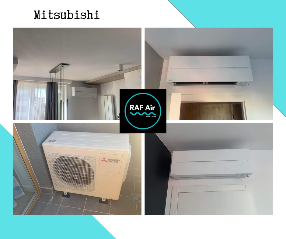 Kolaż zdjęć przedstawiający zamontowane klimatyzatory Mitsubishi w różnych wnętrzach, w tym jednostka zewnętrzna na balkonie i jednostki wewnętrzne w salonie i nad drzwiami, z logo RAF Air pośrodku.