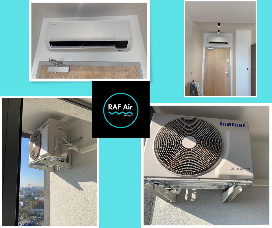 Kolaż zdjęć przedstawiający zamontowane klimatyzatory Samsung w różnych lokalizacjach: nad drzwiami wejściowymi do mieszkania, na balkonie z widokiem na miasto oraz logo firmy RAF Air.