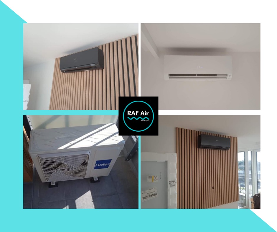 Kolaż zdjęć: czarny klimatyzator na ścianie z drewnianymi panelami, biały klimatyzator na białej ścianie, zewnętrzna jednostka klimatyzatora Haier na balkonie, logo firmy RAF Air w centrum.